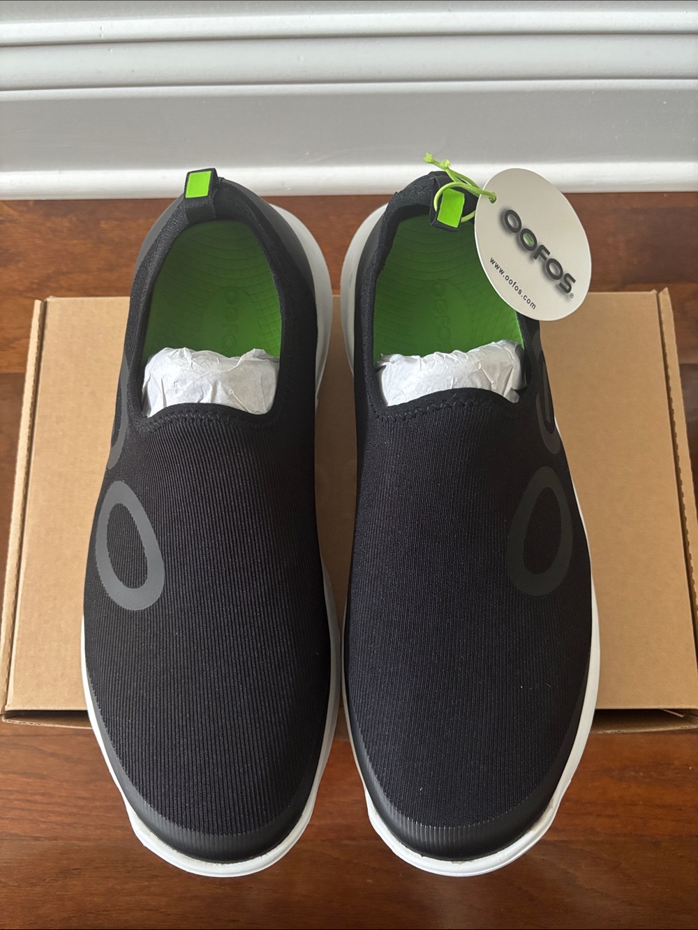 OOFOS Black Slip-On Loafers with Green Insole Accents